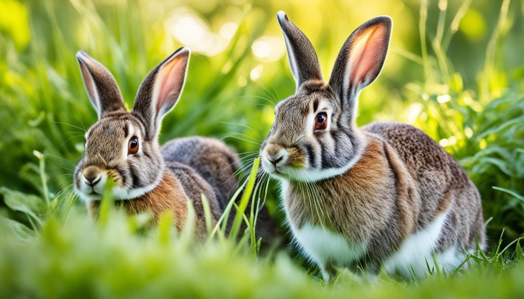 wild rabbits eating grass